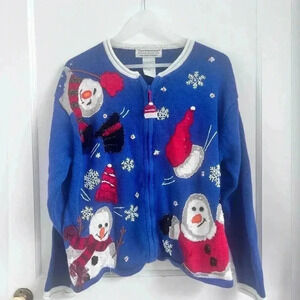 Tiara International Christmas Blue Snowmen Holiday Art to Wear Sweater Size XL